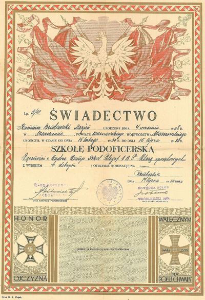 Dyplom Szkoły Podoficerskiej 1930