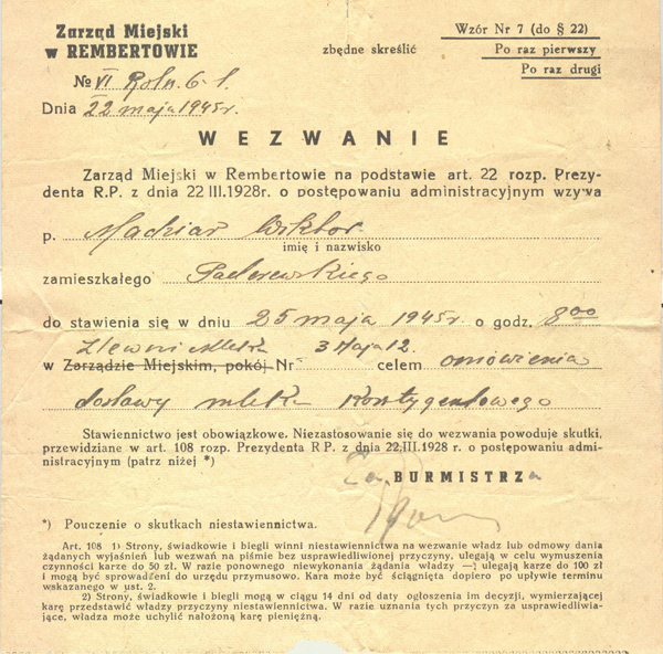 Wezwanie w sprawie kontyngentu dostawy mleka 1945