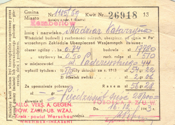 Kwit zapłaty ubezpieczenia 1943