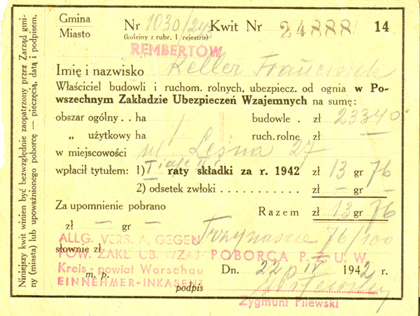 kwit opłaty ubezieczenia 1942