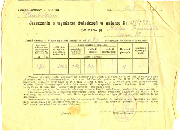 Orzeczenie o wymiarze świadczeń w naturze 1949