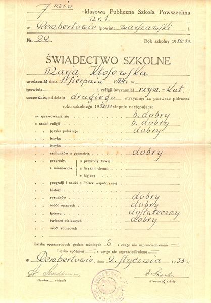 Świadectwo semastralne 1932/33