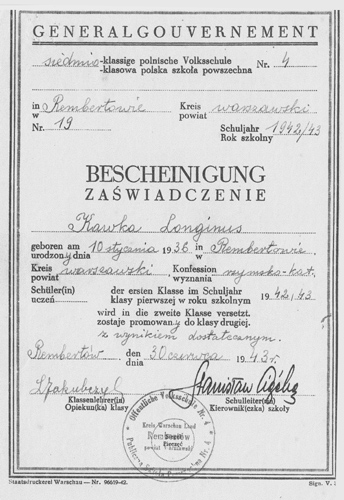 Zaświadczenie szkolne 1942